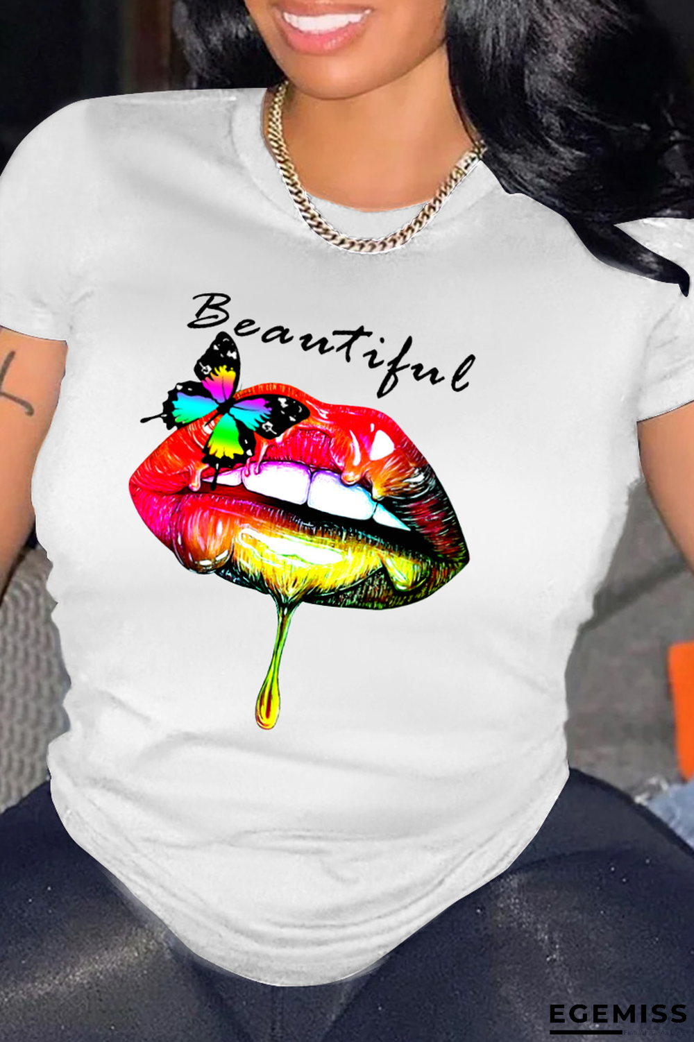 White Fashion Casual Lips Printed Patchwork Letter O Neck T-Shirts | EGEMISS