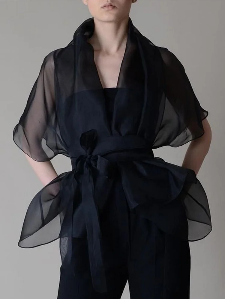 Elegant Solid Color Batwing Sleeve Knot Waist Jacket