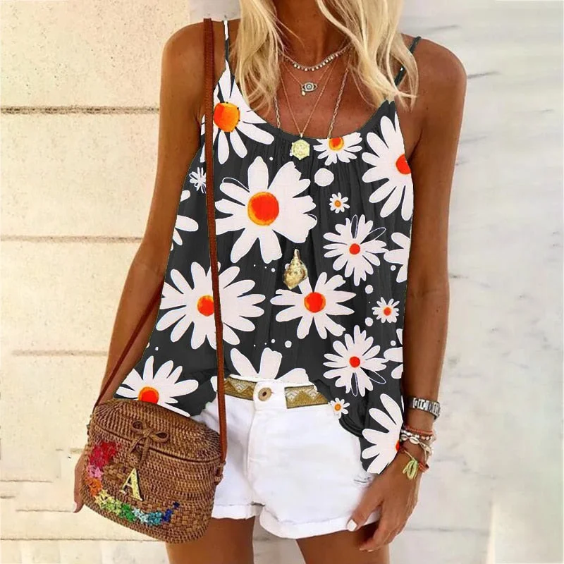 Plus Size 5XL Women Little Daisy Prints T Shirts Loose Beach Sexy Spaghetti Strap Tank Tee Shirts Female 2021 Summer Boho Tops