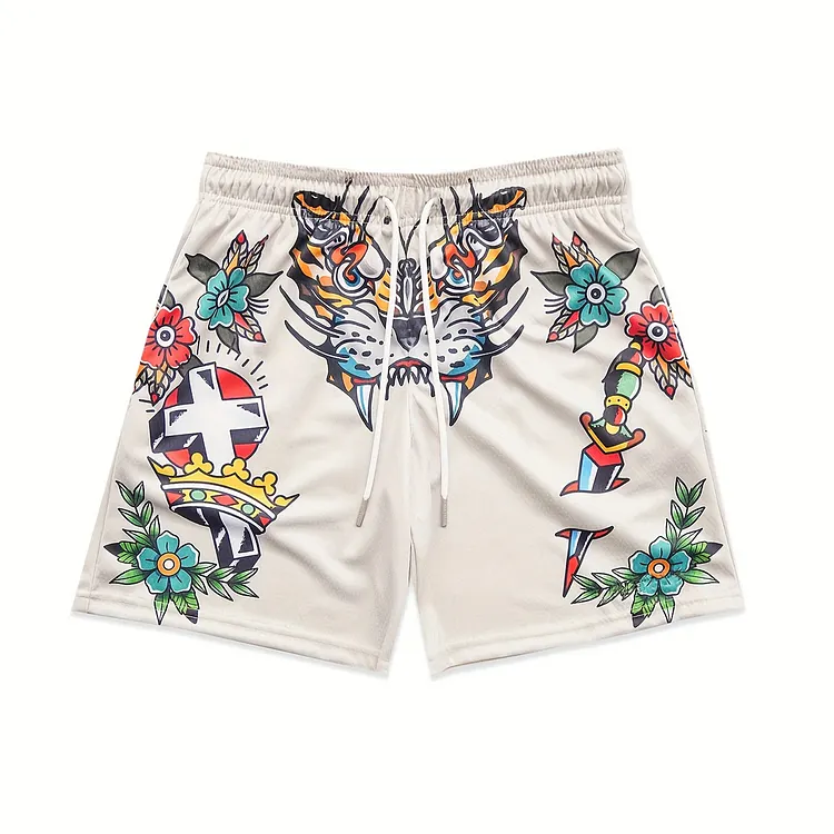 Men's Japanese Style Mesh Retro Pattern Drawstring Shorts