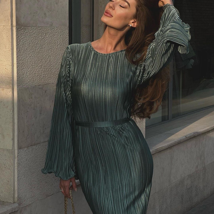 Ootddress Fashion Ruffled Lace-Up Long Dress Women Slim Long Sleeve Striped Pleated Party Dress Autumn 2025 Solid Gown Female Dress