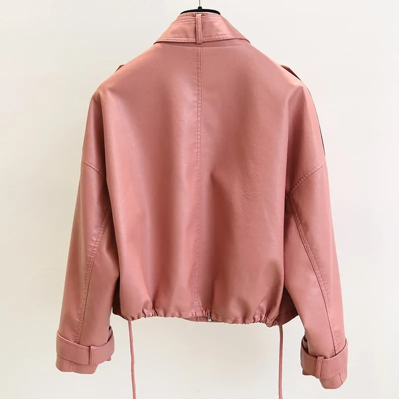 Ailegogo 2021 New Autumn Women Streetwear Pink Pu Faux Soft Leather Jacket Casual Female Motorcycle Biker Zipper Big Pocket Coat