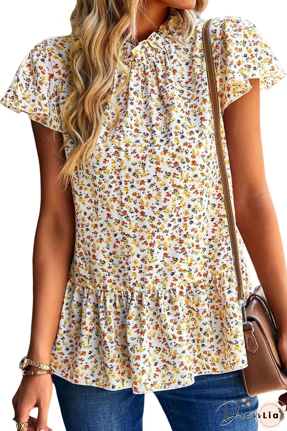 Boho Chic Beige Floral Ruffle Trim Short Sleeve Top