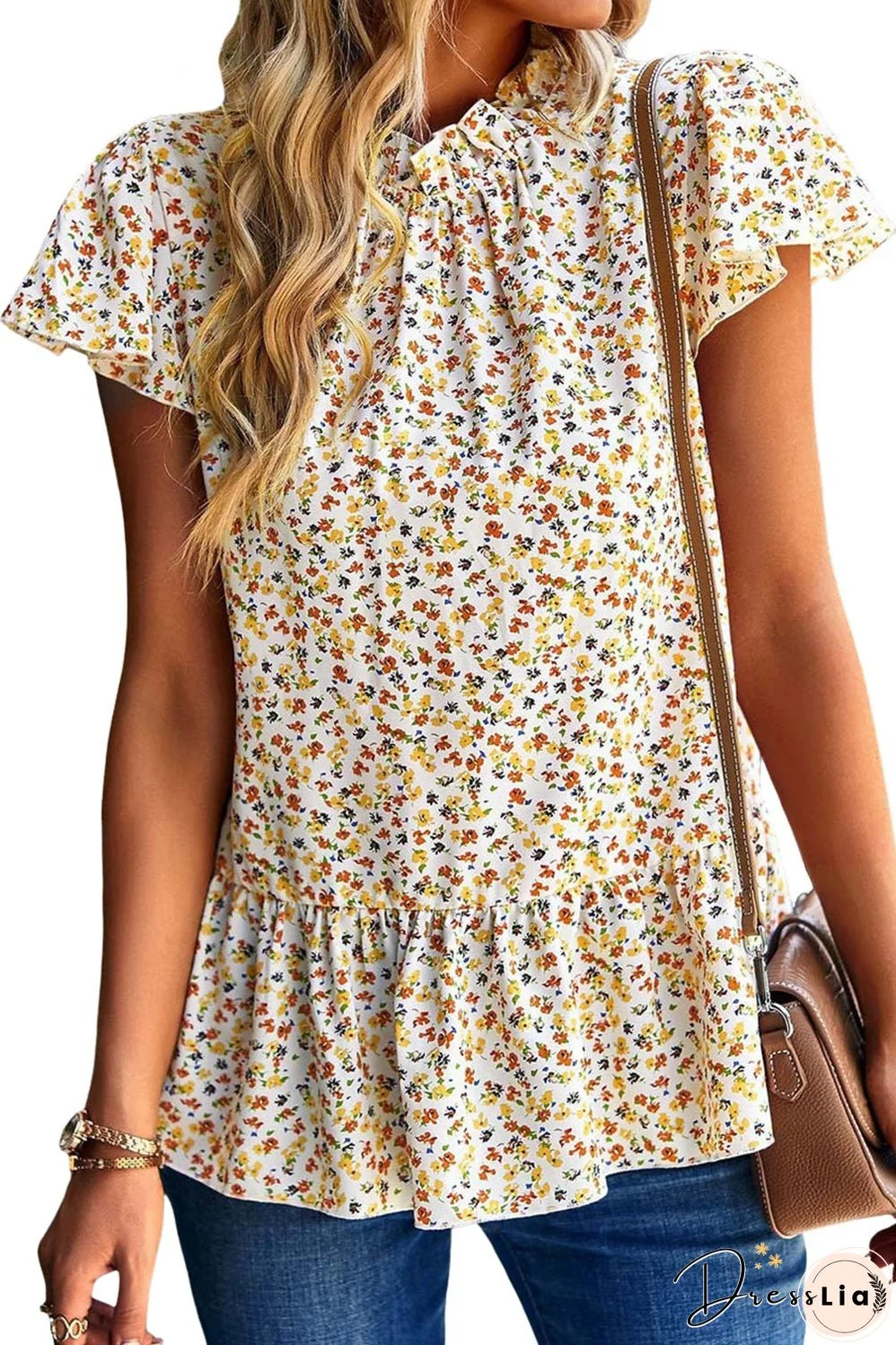 Boho Chic Beige Floral Ruffle Trim Short Sleeve Top