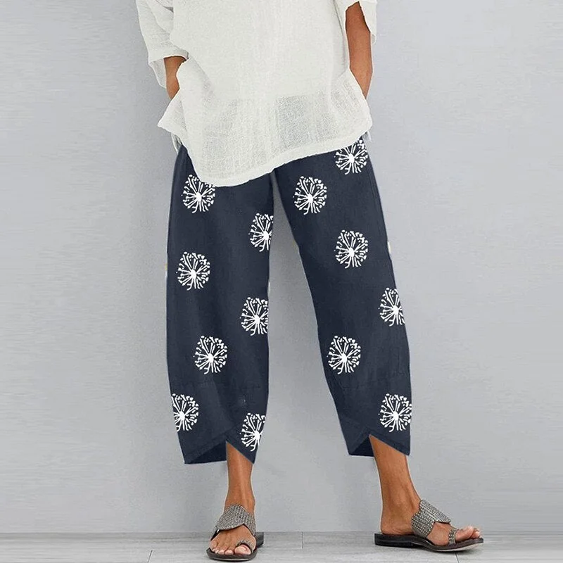 Vintage Summer Linen Pants Women Casual Harem Pants Floral Printed Elastic Waist Wide Leg Pants Female Loose Trousers Plus Size