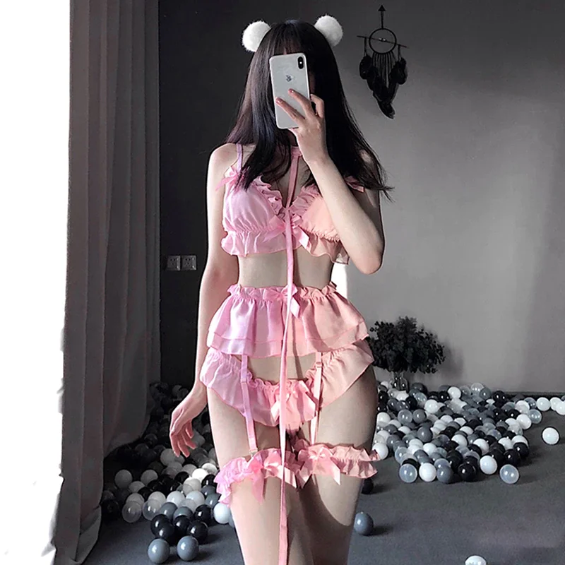 Billionm Costumes Lolita Women Erotic Lingerie Set Cute Ruffles Lace Ladies Kawaii Soft Girl Pajamas Cosplay Outfit 3 Color Set 2021