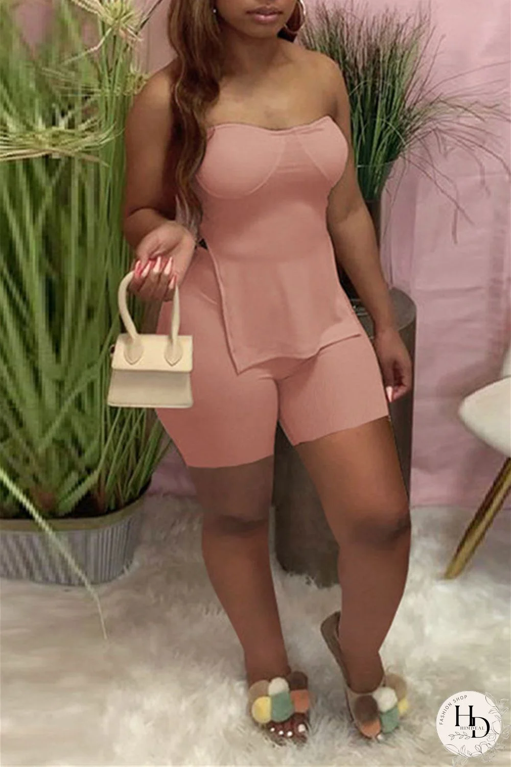 Coral Powder Sexy Casual Solid Backless Slit Strapless Sleeveless Two Pieces