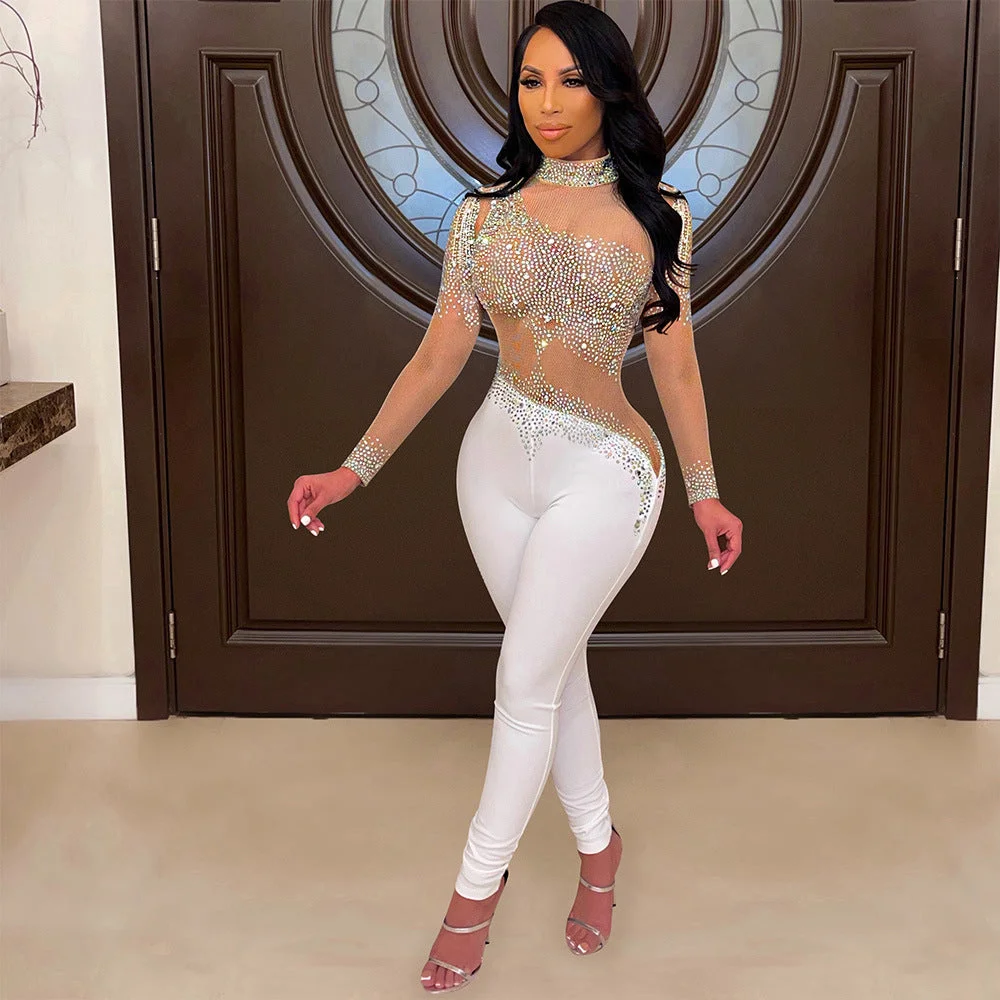 Zingj Fashion Sexy Mesh Long Sleeve Trousers Jumpsuits