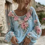 Women's Pink Rose Embroidery Art Round Neck Long Sleeve Linen Blend T-shirt - Image 5