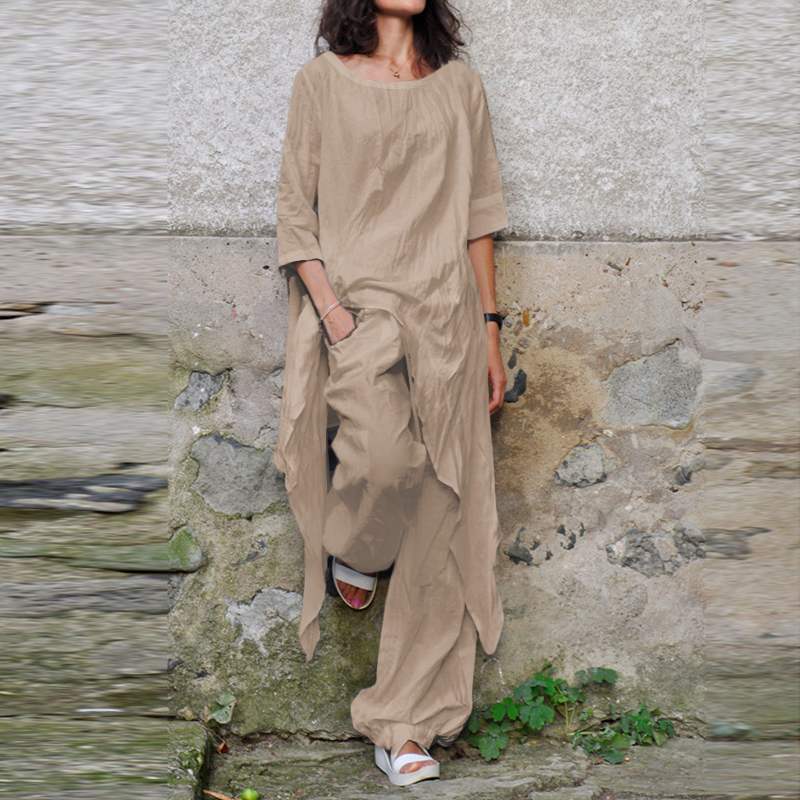 Casual Loose Irregular Hem Round Neck Top&Pants Set