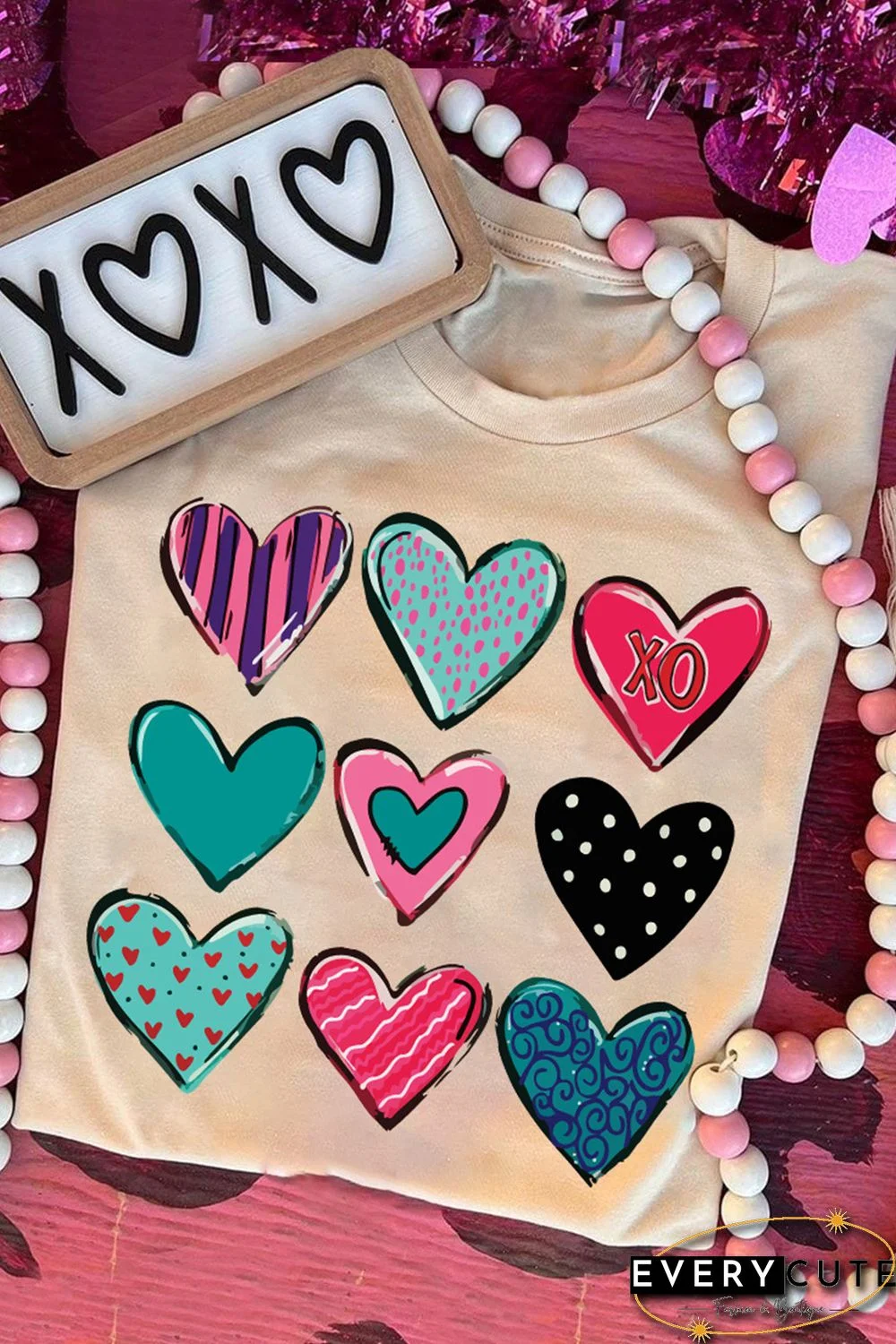 Khaki Valentines Multi Pattern Heart Print T Shirt