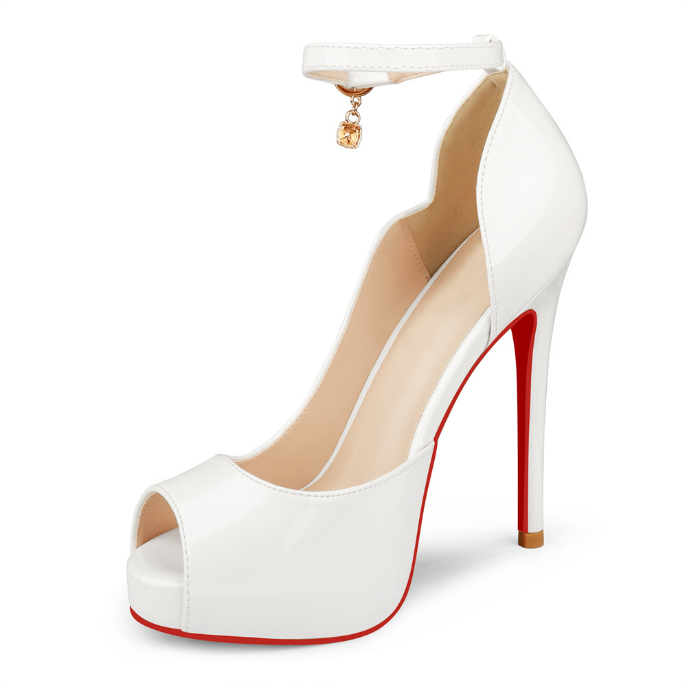 120mm Red Bottom Pendant Elastic Strap Slingback Sandals Peep Toe Platform Stilettos Patent Heels-MERUMOTE