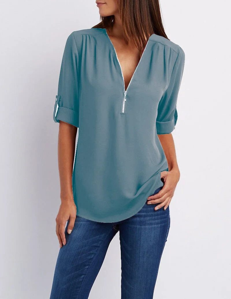 Abebey  Zipper Long Sleeve Women Shirts  V Neck Solid Womens Tops And Blouses Casual Tee Shirts Tops Female Clothes Plus Size 5XL