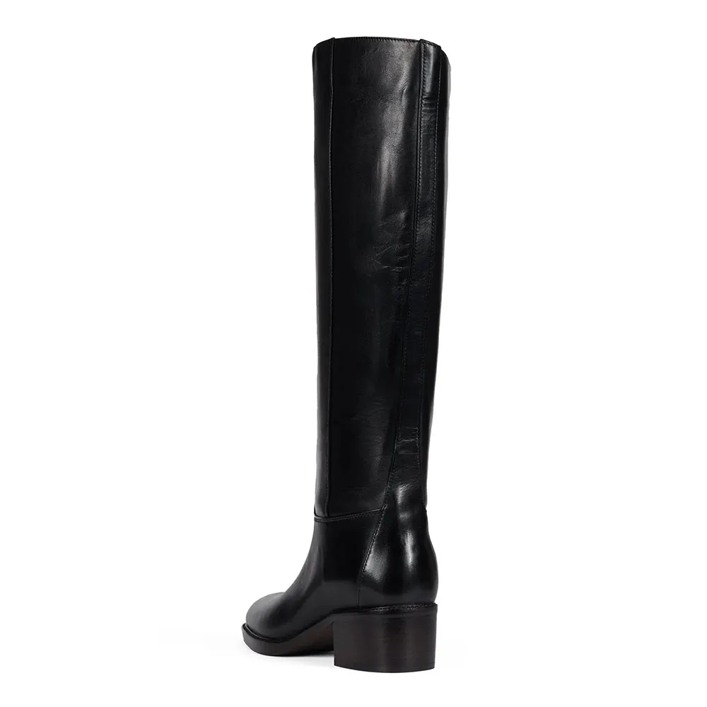 Black Square Toe Block Heel Wide Calf Knee High Boots for Women