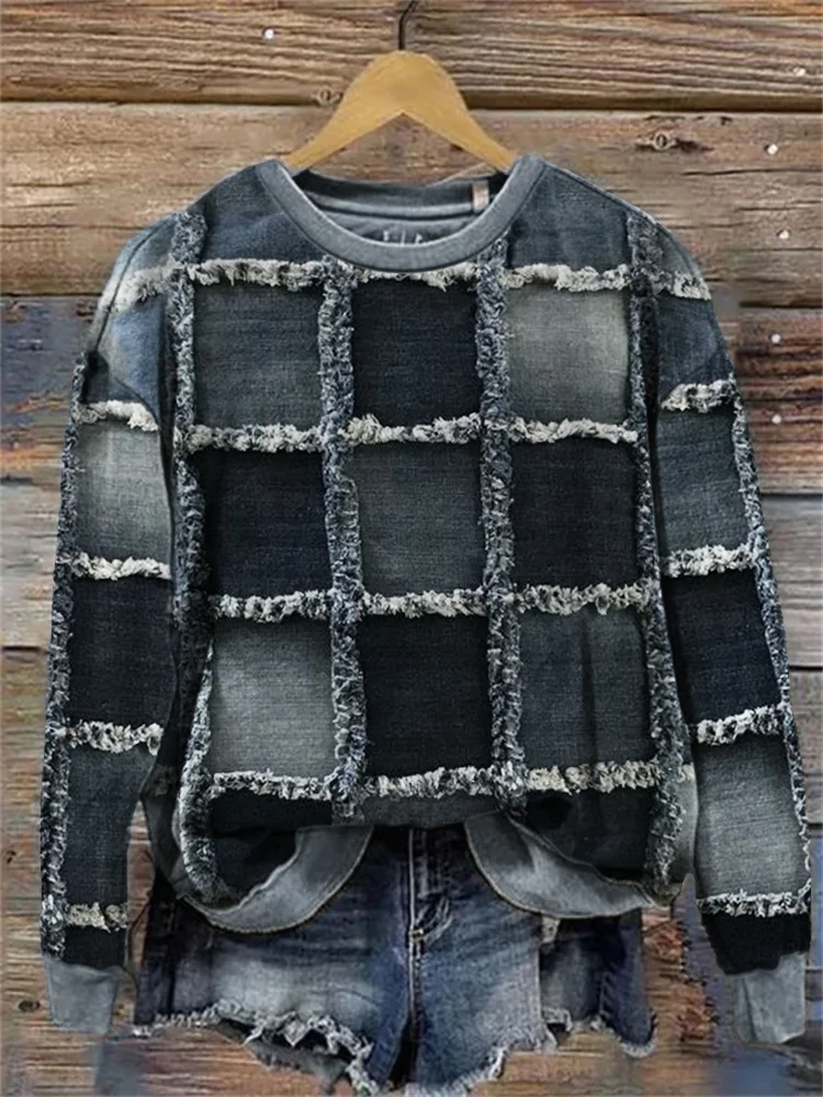 Vintage Denim Patchwork Art Comfy Sweatshirt