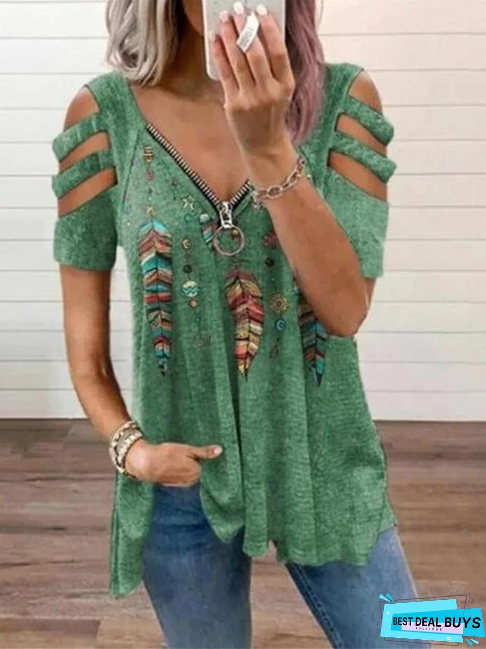 V-neck Zipper Pullover Printed Short Sleeve Loose T-shirt Women's Jacket