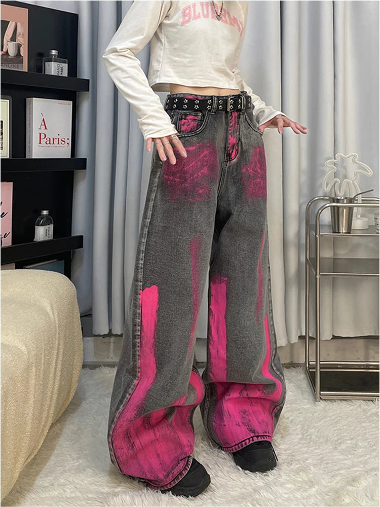 Aiertu Black Women Jeans Vintage High Waist Chic American Fashion Streetwear Wide Leg Jean Female Trouser Printing Baggy Denim Pants Aiertu