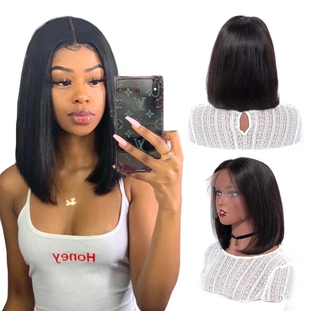 30CM Straight Bob Lace Front Human Hair Wigs-elleschic