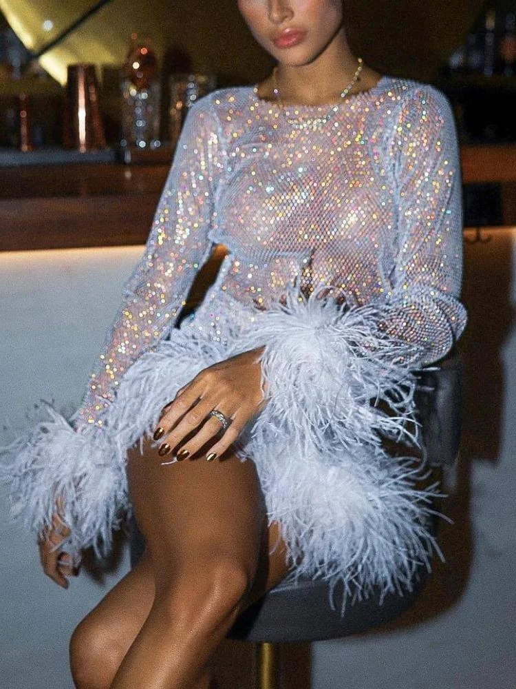 Shining Round Neck Long Sleeve Feather And Sequins Embellished Party Dress