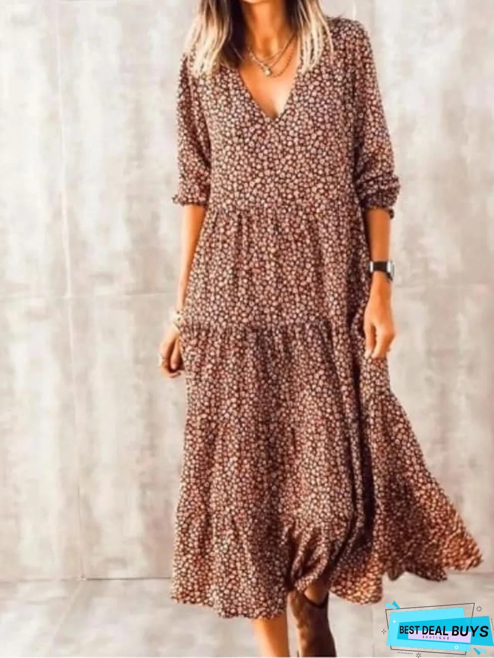 Women's Swing Dress Midi Dress Brown Long Sleeve Print Summer V Neck Hot Casual Boho Vacation Dresses