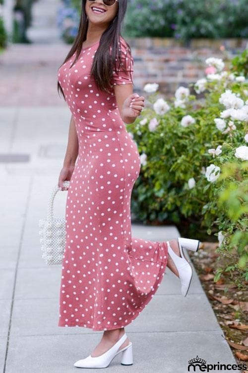 Polka Dots Short Sleeve Maxi Dress