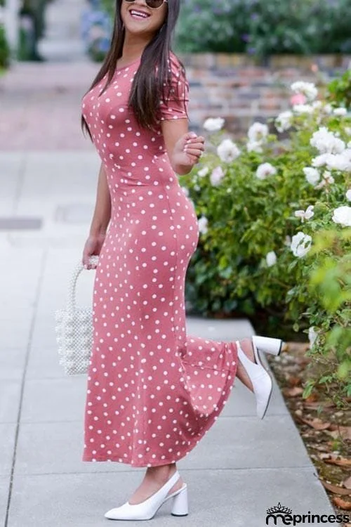 Polka Dots Short Sleeve Maxi Dress