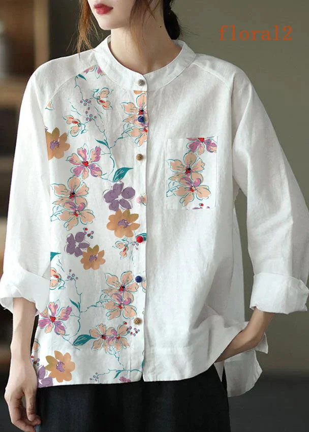 Modern White-floral2 Loose Patchwork Pockets Fall Long Sleeve Blouse Top