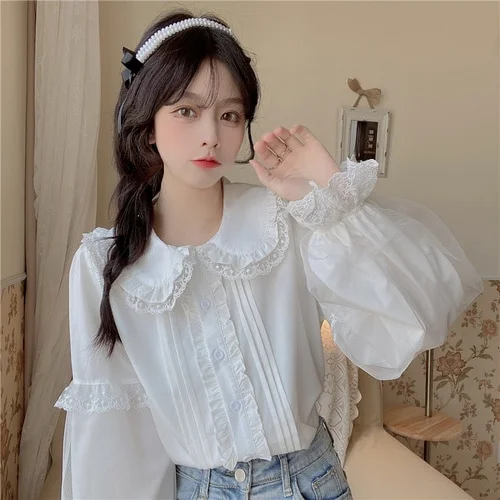 Ueong Jk Shirts Women Kawaii Peter Pan Collar Japanese Style Lolita White Lace Mesh Blouse Student Top Daily Sweet Fashion