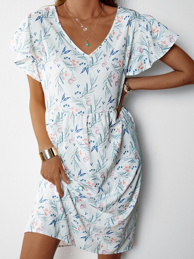 Floral V Neck Swing Frill Sleeve Weaving Dress