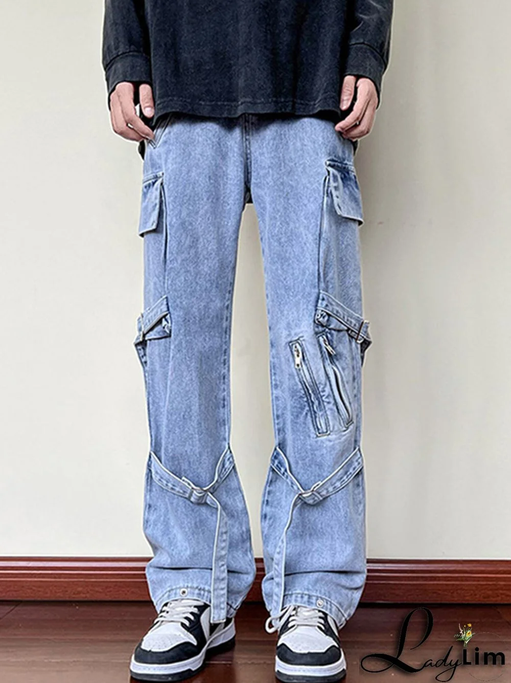 Men's Zipper Lace Up Decor Cargo Jeans