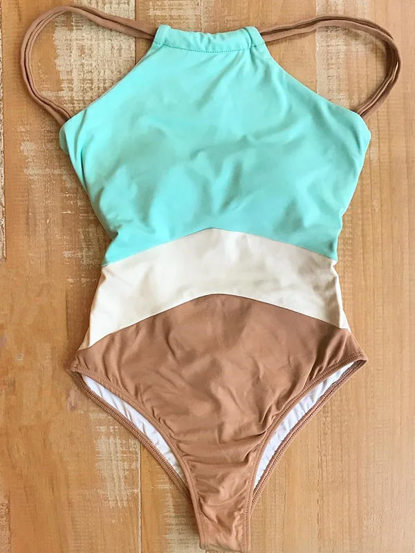 Color Block Spaghetti Straps One-Piece Swimwear