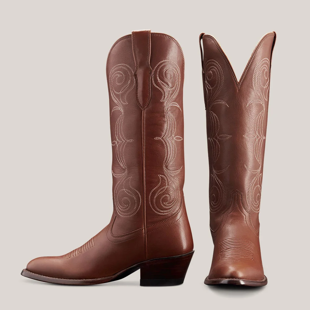 Brown Closed Toe Mid Heel Embroidered Slip On Western Boots for Women