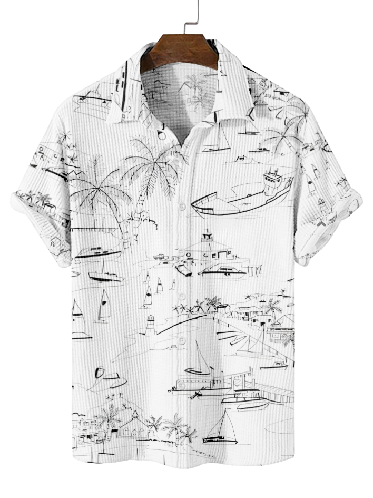 Men's Breathable Waffle Hawaiian Collection Short Sleeve Shirt  0752