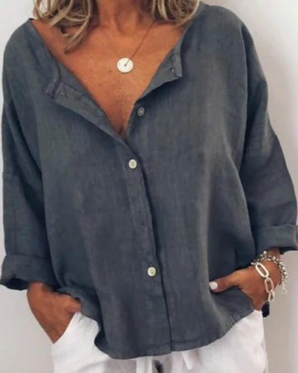 Casual Solid V Neck Long Sleeve Buttoned Blouses Tops - Chicaggo