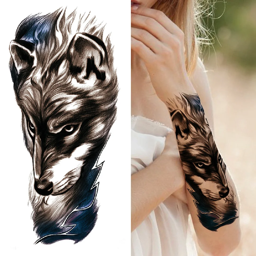 Sdrawing Wolf Forest Tattoo Sticker For Men Women Children Tiger Death Skull Temporary Tatoo Fake Lion Skeleton King Animal Tattoo
