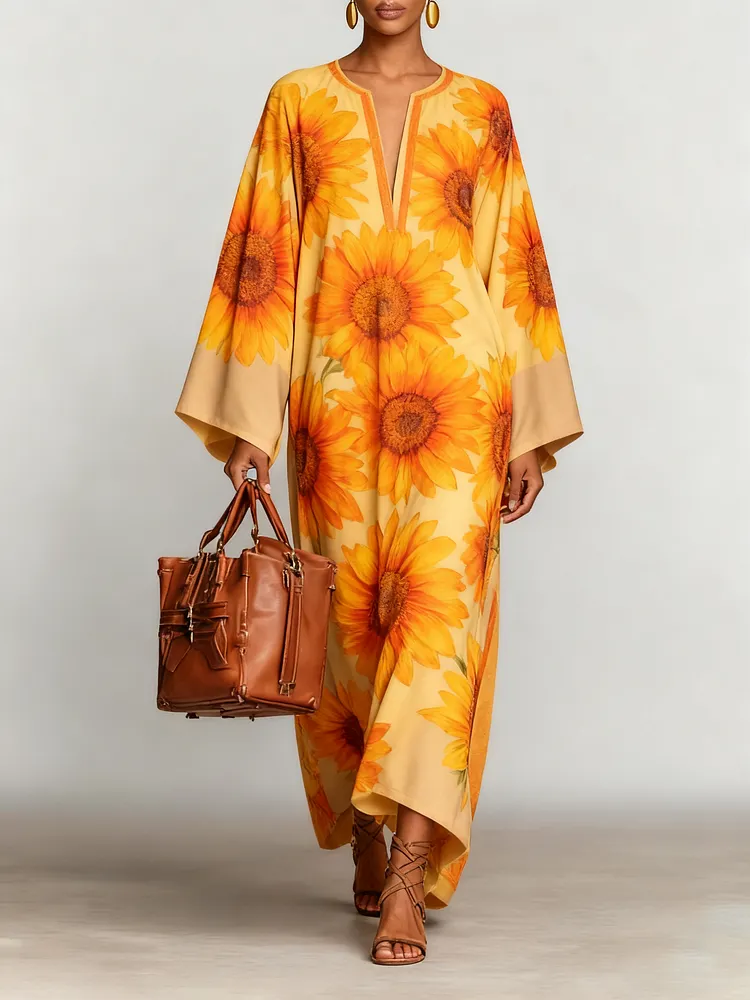 Women's Paisley Print Crew Neck Flared Pants Long Sleeve Loose Long Dress