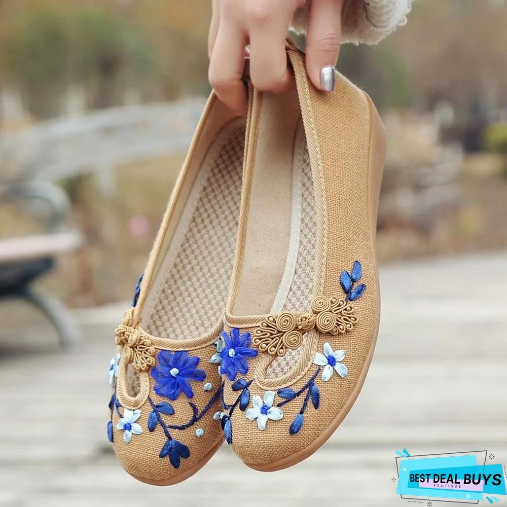 3D Flowers Women Linen Slip On Ballet Flats Breathable Fabric Shoes