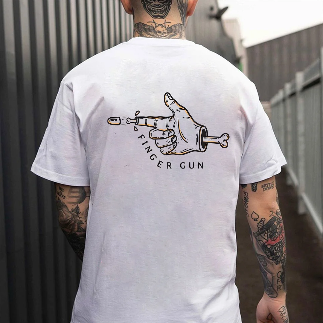 FINGER GUN Letter Graphic White Print T-shirt