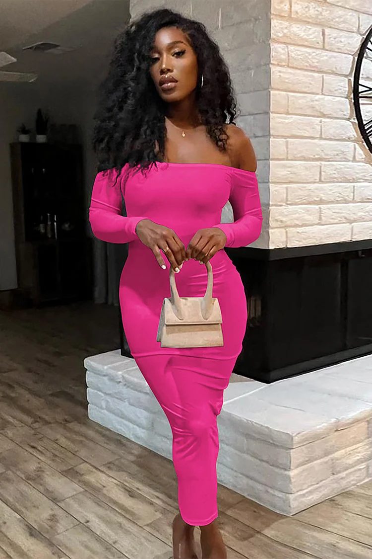 Off Shoulder Long Sleeve Open Back Solid Color Fitted Maxi Dresses-Black