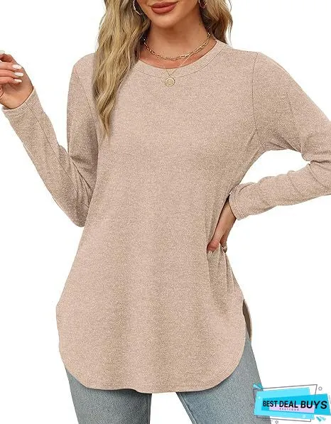 Solid Color Asymmetrical Hem Long Sleeve Crew Neck Pullover