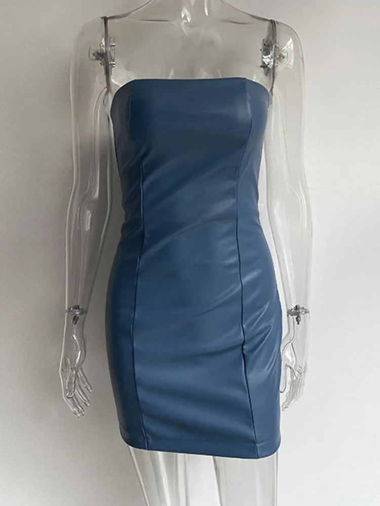 JacuqeLine Summer 2022 Sexy Club Strapless Bodycon Dress Women Mini PU Leather 90s Street Fashion Y2K Party Dresses Backless
