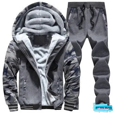 Tracksuit Men Sporting Fleece Thick Hooded Mens JacketPant Warm Fur Inside Winter
