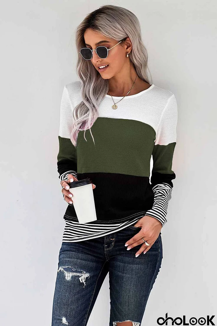 Green Stylish Colorblock Splicing Stripes Long Sleeve Top