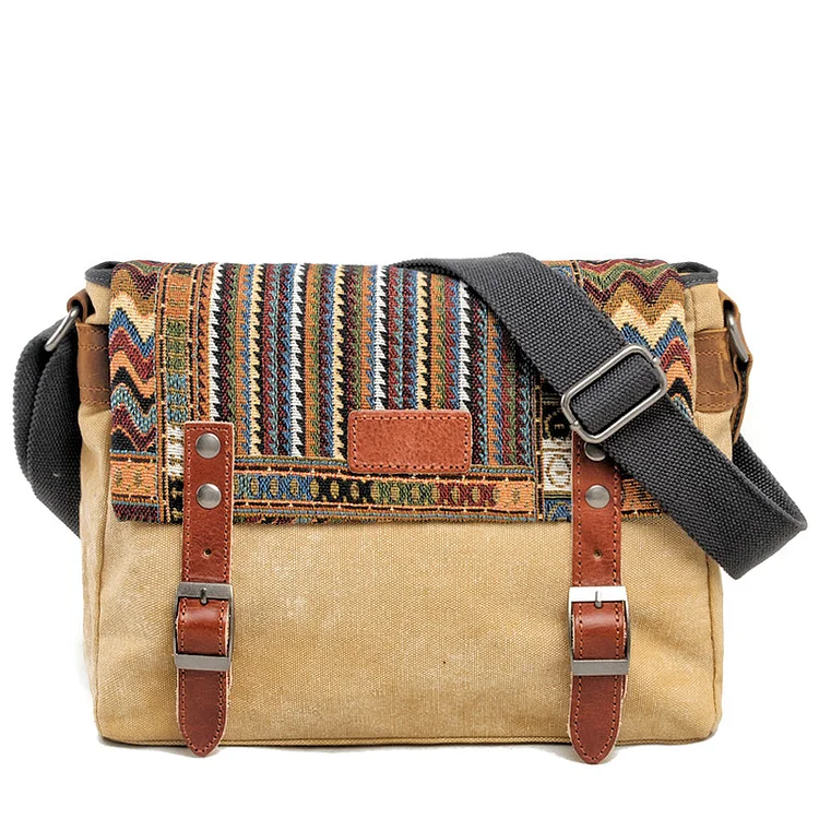 Tribal Retro Waxed Canvas Leather Mens Womens Ethnic Shoulder Bag 13'' Side Bag Messenger Bag