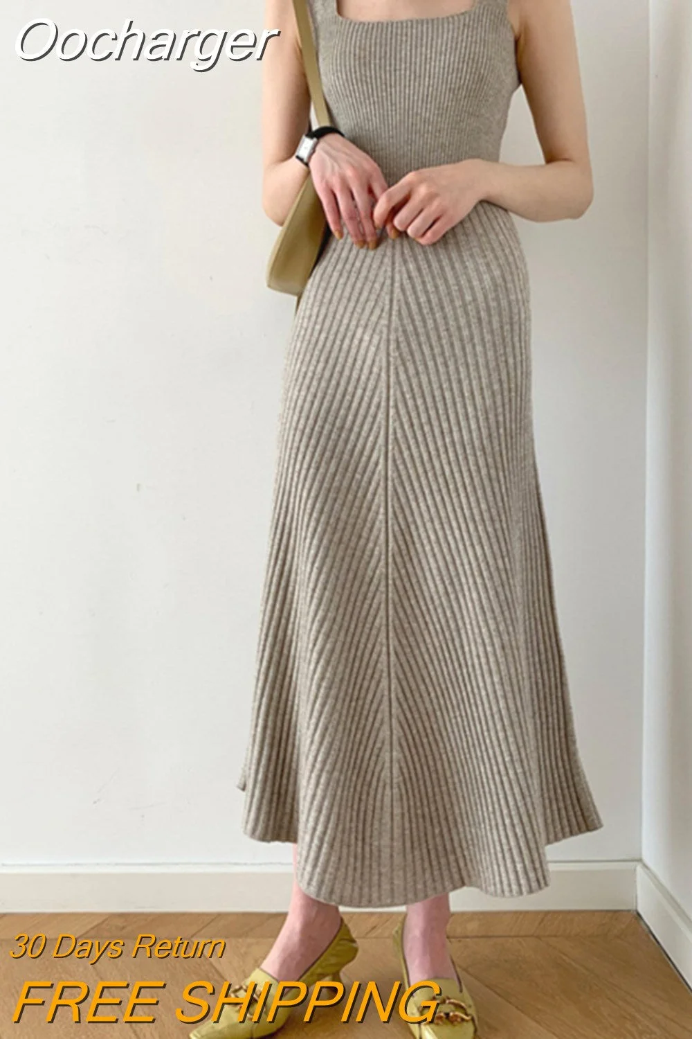 Oocharger Knitted Vestidos Solid Sleeveless All Match Casual Summer Vintage Women Dresses Korean Fashion Long Dress Elegant