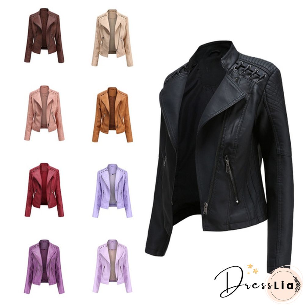 Ladies Fashion Spring and Autumn Short Slim Thin Leather Jacket Motorcycle Suit