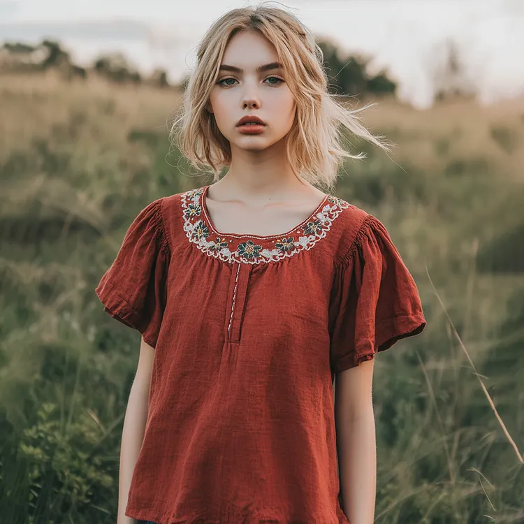 Women's Bohemian Retro Flowers Round Neck T-shirt
