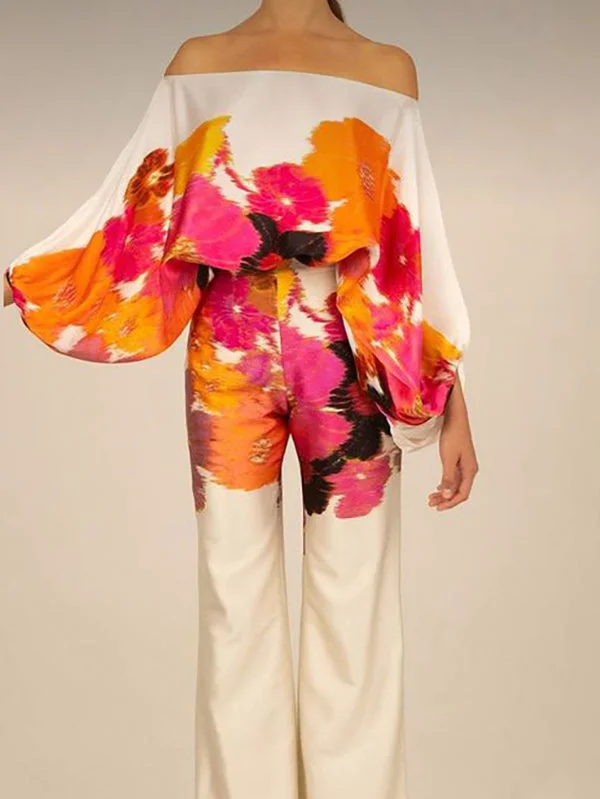 High Waisted Long Sleeves Flower Print Off-The-Shoulder Pants Set Suits Two Pieces Set