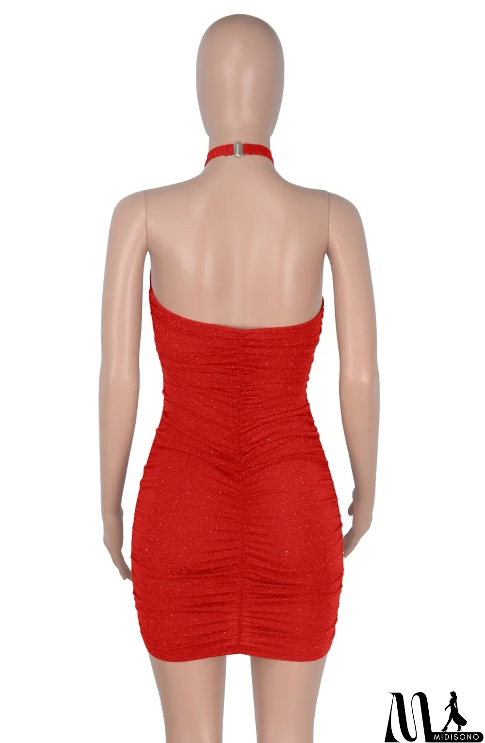 MidiSono - Women Summer Red Sexy Halter Sleeveless Solid Pleated Mini Club Dress