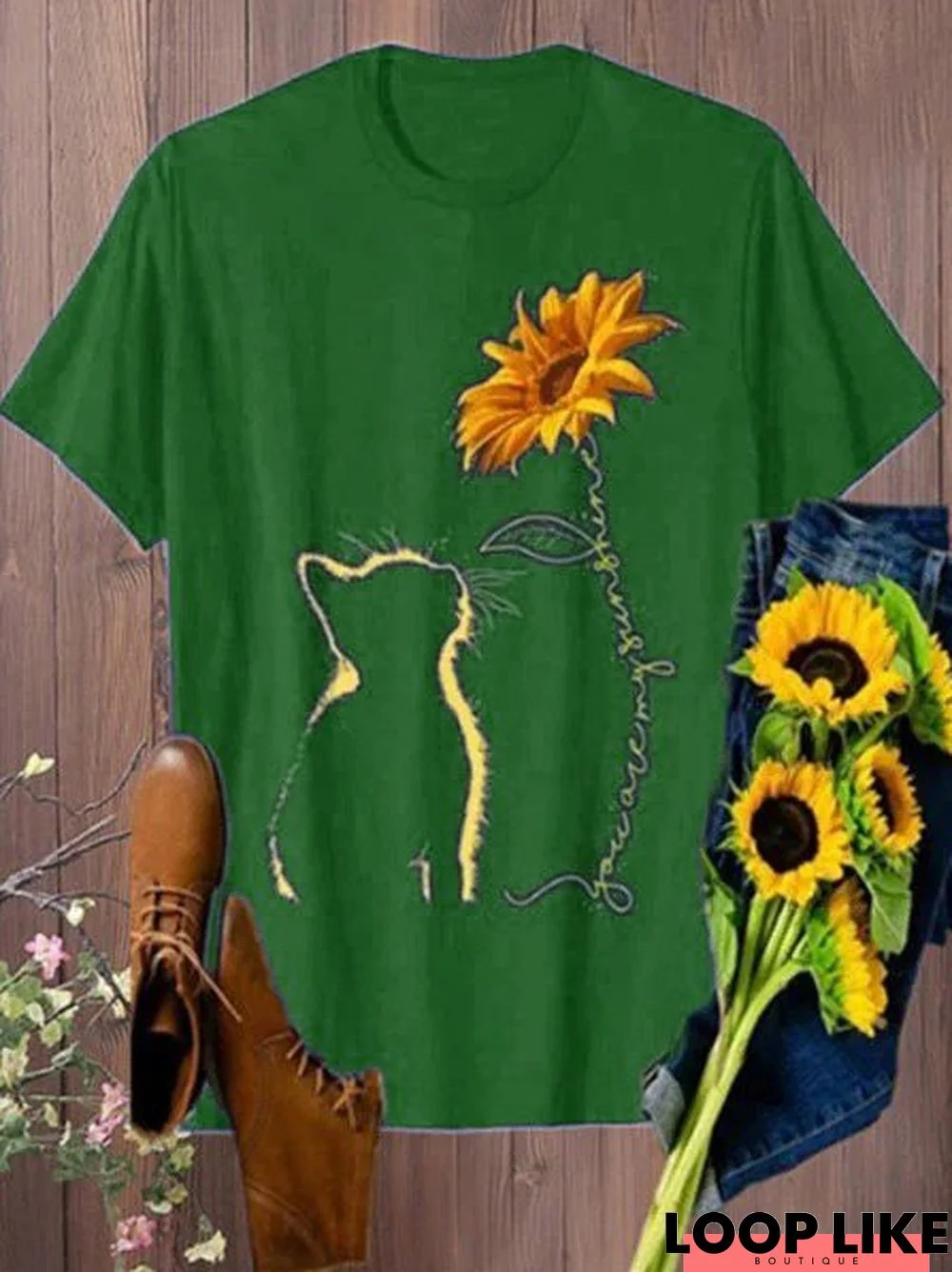 Vintage Cat And Sunflower Printed Short Sleeve Casual Top